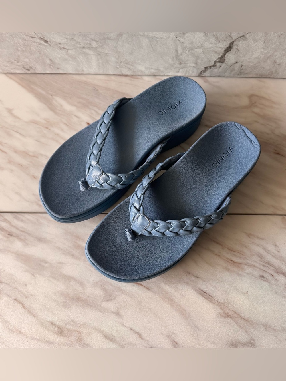 Vionic Kenji Blue Braided Platform Flip Flops Wide 8.5 Orthotic Comfort